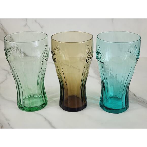 Coca Cola Libbey Drinking Glasses 17oz Embossed 6" Retro Green Blue Brown x3 - Picture 7 of 13